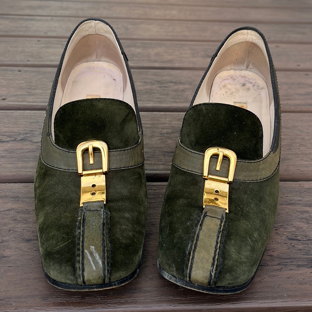 Vintage Gucci Suede Block Heel w/ Gold Clasp